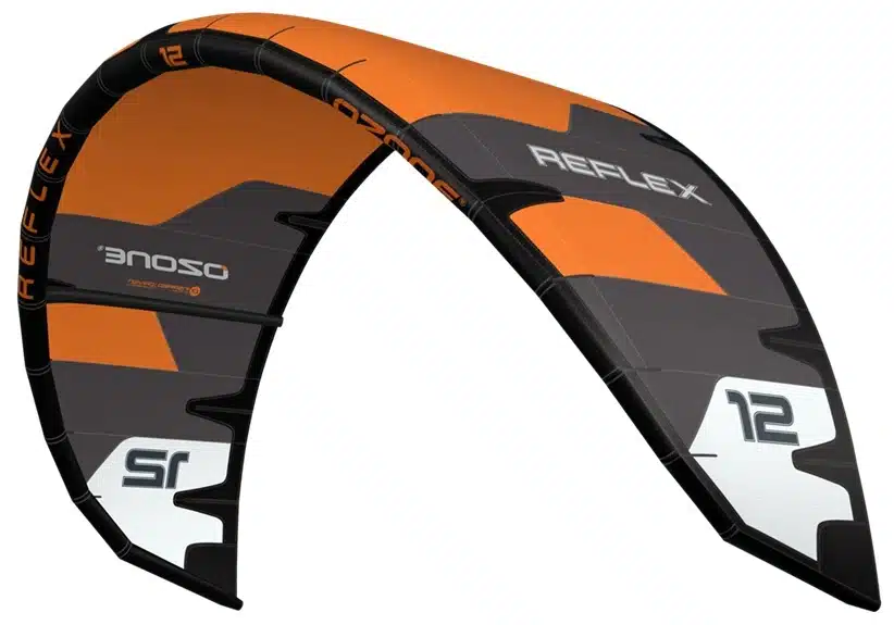 Ozone Reflex Orange and black kitesurfing wing with white number panels, used on a foil/kitesurf setup